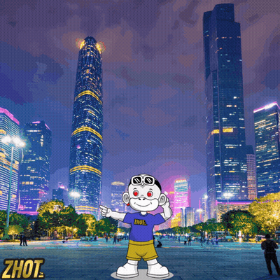 A Cartoon Character In Front Of A City Skyline With The Word Zhout On The Bottom Left GIF