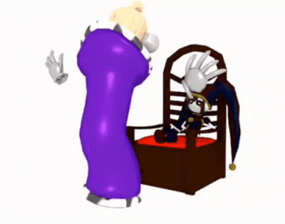 A Cartoon Character In Purple Pants Is Standing Next To A Chair With A Stuffed Animal On It . GIF