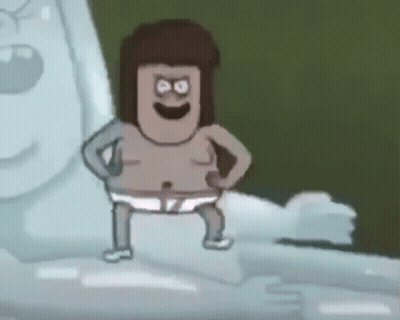 A Cartoon Character In Underwear Is Standing Next To A Statue Of A Man . GIF