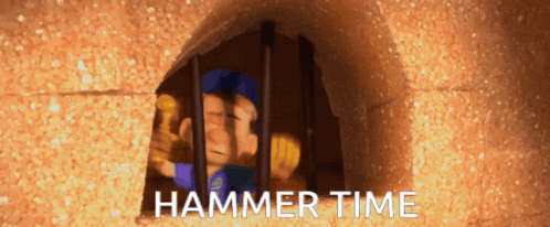 A Cartoon Character Is Behind Bars And The Words Hammer Time Are Above Him GIF