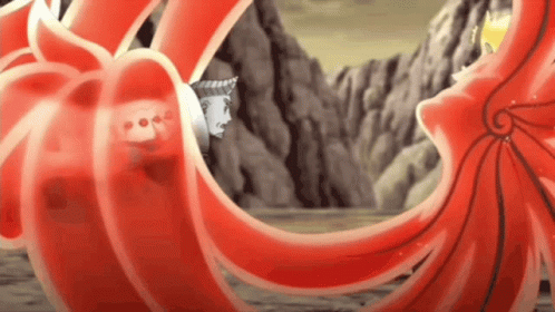 A Cartoon Character Is Being Attacked By A Large Red Monster GIF