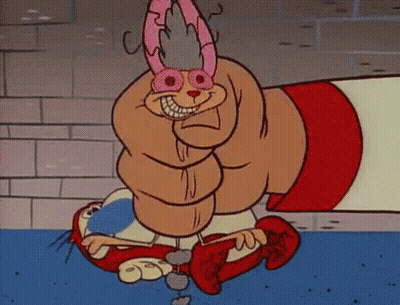 A Cartoon Character Is Being Punched In The Face By A Giant Fist . GIF