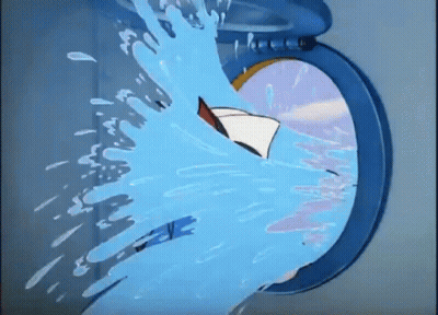 A Cartoon Character Is Being Splashed With Water In A Washing Machine GIF