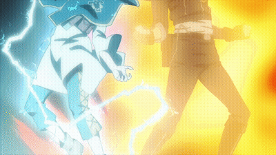 a cartoon character is being struck by lightning while another character stands in the background