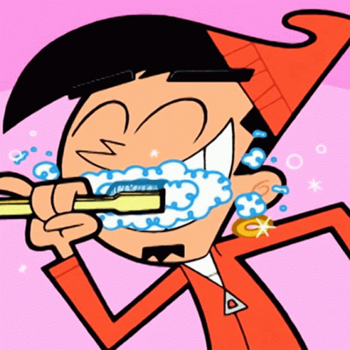 A Cartoon Character Is Brushing His Teeth With A Yellow Brush GIF