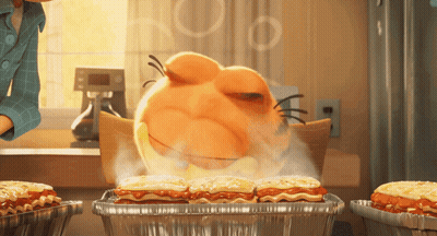 A Cartoon Character Is Cooking A Lasagna In A Tin Foil Pan GIF