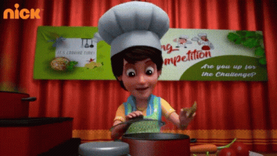 A Cartoon Character Is Cooking In Front Of A Sign That Says Cooking Competition GIF