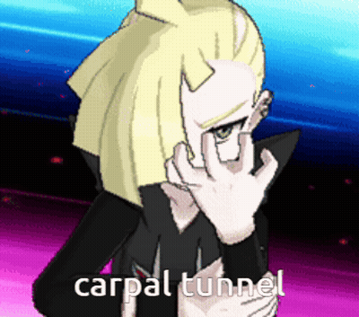 A Cartoon Character Is Covering His Face With His Hands And The Words Carpal Tunnel Are Below Him GIF