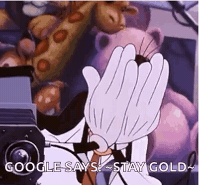 A Cartoon Character Is Covering His Face With His Hands In Front Of A Camera And Says `` Google Says Stay Gold '' . GIF