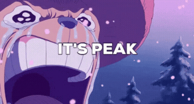 A Cartoon Character Is Crying With The Words " It 'S Peak " Above His Mouth GIF