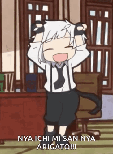 A Cartoon Character Is Dancing And Says Nya Ichi Mi San Nya Arigato GIF