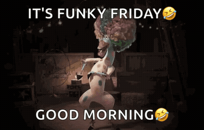 A Cartoon Character Is Dancing In A Dark Room And Says It 'S Funky Friday Good Morning . GIF