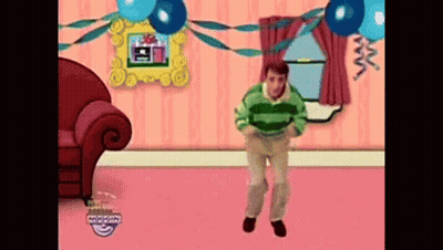 A Cartoon Character Is Dancing In A Living Room With Balloons And Ribbons . GIF