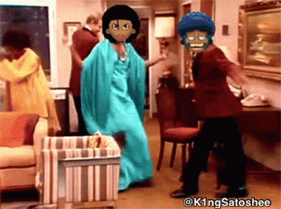 A Cartoon Character Is Dancing In A Living Room With The Hashtag K1ngsatoshee At The Bottom GIF