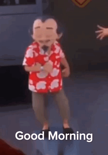 A Cartoon Character Is Dancing In A Room With The Words `` Good Morning '' Written Below Him . GIF