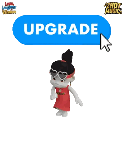 A Cartoon Character Is Dancing In Front Of A Blue Button That Says Upgrade Sticker