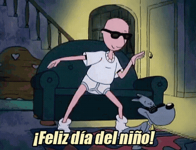 A Cartoon Character Is Dancing In Front Of A Couch With The Words Feliz Dia Del Niño GIF