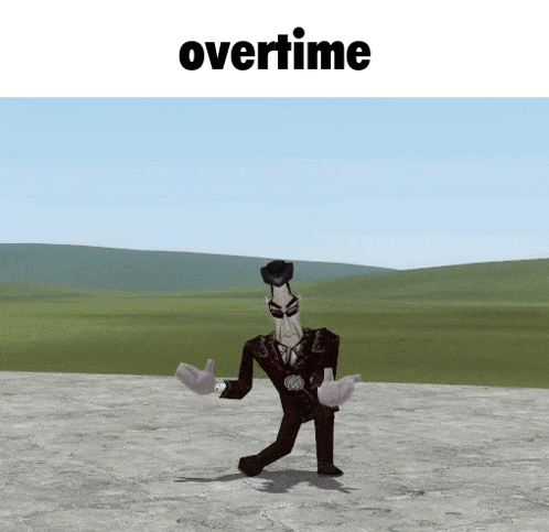 A Cartoon Character Is Dancing In Front Of A Field And The Word Overtime Is Above Him GIF