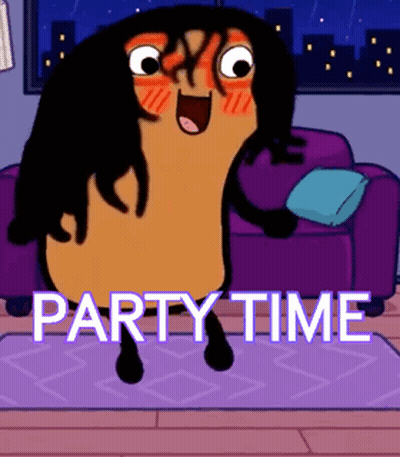 A Cartoon Character Is Dancing In Front Of A Purple Couch With The Words Party Time Above It GIF