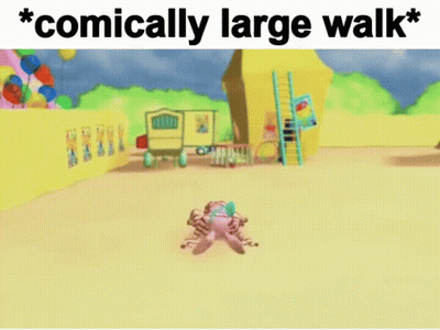 A Cartoon Character Is Dancing In Front Of Balloons And A Sign That Says * Comically Large Walk * GIF