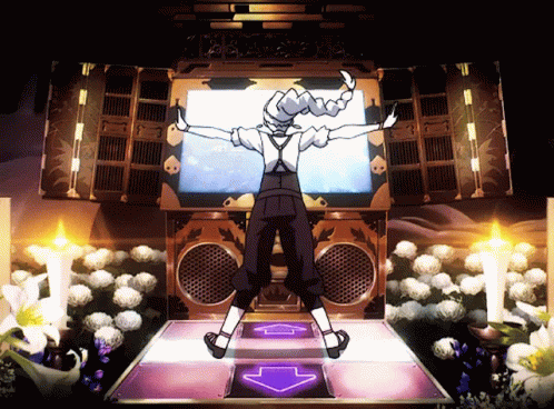 A Cartoon Character Is Dancing On A Dance Floor With A Purple Arrow Pointing Up GIF