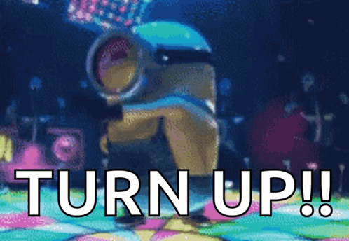 A Cartoon Character Is Dancing On A Dance Floor With The Words Turn Up Written Below Him GIF
