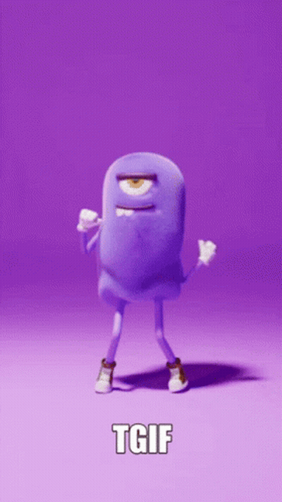 A Cartoon Character Is Dancing On A Purple Background With The Words `` Tgif '' . GIF