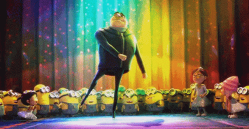 A Cartoon Character Is Dancing On A Stage In Front Of A Group Of Minions . GIF