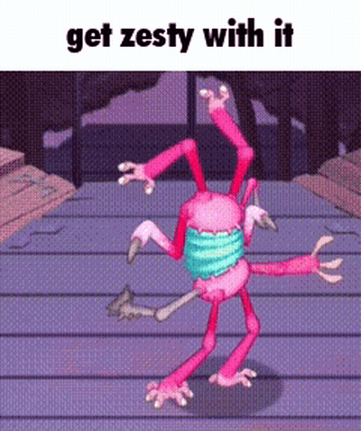 A Cartoon Character Is Dancing With The Words Get Zesty With It Above It GIF