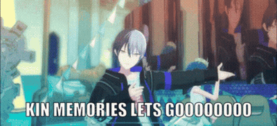 A Cartoon Character Is Dancing With The Words " Kin Memories Lets Gooooooo " Written Below Him GIF