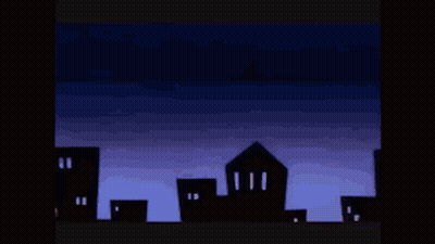 A Cartoon Character Is Doing A Split In Front Of A City Skyline . GIF