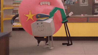 A Cartoon Character Is Dressed As A Donut With A Sheriff 'S Hat On It GIF