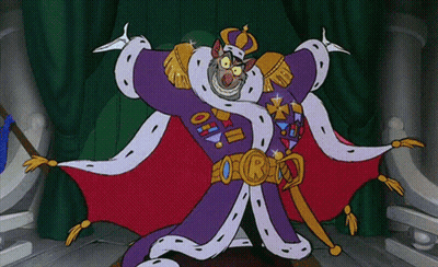 A Cartoon Character Is Dressed As A King And Has A Belt With The Letter R On It . GIF