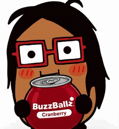 A Cartoon Character Is Drinking A Can Of Buzzballz Cranberry GIF
