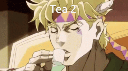 A Cartoon Character Is Drinking A Cup Of Tea With The Words Tea 2 On The Bottom . GIF