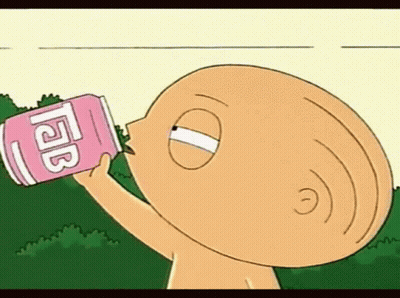 A Cartoon Character Is Drinking From A Pink Can With The Letter L On It . GIF
