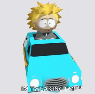A Cartoon Character Is Driving A Blue Van With The Words Tweek Bros On The Side . GIF