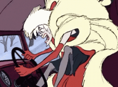 A Cartoon Character Is Driving A Car With A Fur Coat Around Her Neck GIF
