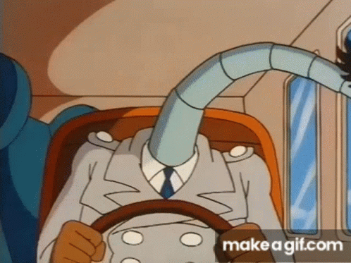 A Cartoon Character Is Driving A Car With A Long Hose Attached To His Head . GIF