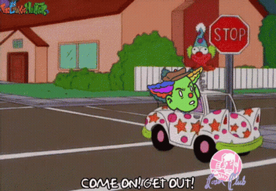 A Cartoon Character Is Driving A Car With A Stop Sign Behind It GIF