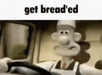 A Cartoon Character Is Driving A Car With The Words `` Get Bread 'Ed '' Written On It . GIF