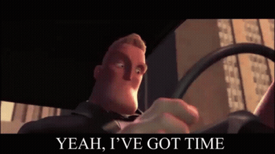 A Cartoon Character Is Driving A Car With The Words `` Yeah , I 'Ve Got Time '' Written On The Screen . GIF