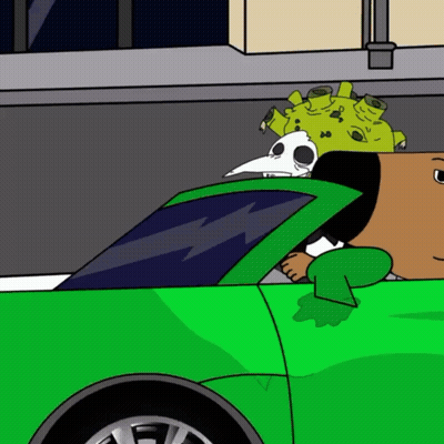 A Cartoon Character Is Driving A Green Car With A Skull In The Back Seat GIF