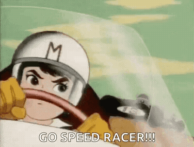 A Cartoon Character Is Driving A Race Car And Saying `` Go Speed Racer !!! '' GIF