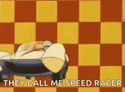 A Cartoon Character Is Driving A Race Car On A Checkered Background . GIF