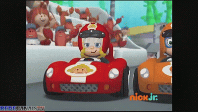 A Cartoon Character Is Driving A Red Race Car On A Race Track . GIF