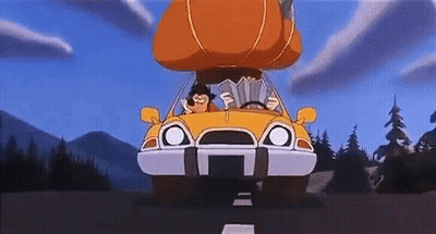 a cartoon character is driving a yellow car with a pumpkin on the roof .