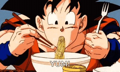 A Cartoon Character Is Eating A Bowl Of Noodles With Chopsticks And A Fork . GIF