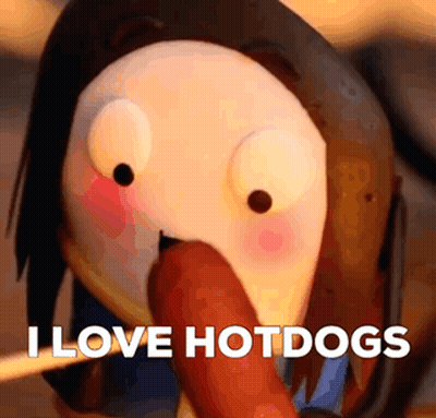 A Cartoon Character Is Eating A Hot Dog With The Words `` I Love Hotdogs '' Written On It . GIF