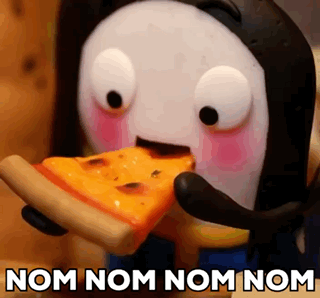 A Cartoon Character Is Eating A Slice Of Pizza And Says Nom Nom Nom Nom GIF